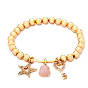 14K Gold Flash-Plated Zirconia Star, Heart Key and Rose Quartz Bracelet NWT